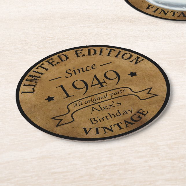 personalised vintage 75th birthday gifts round paper coaster (Angled)