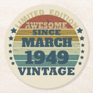 Personalised vintage 75th birthday party round paper coaster