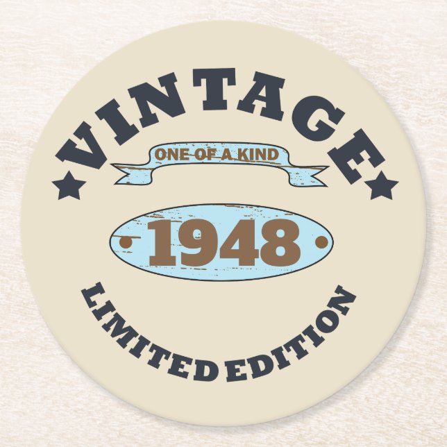 Personalised vintage 75th birthday party round paper coaster (Front)