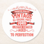 Personalised vintage 75th birthday party round paper coaster<br><div class="desc">Make your birthday special with this unique design. Add a touch of sophisticated elegance to your birthday celebration with our exquisite, one-of-a-kind designs. These graphics bring sophistication and originality to any product, creating a memorable and stylish gift. They are perfect for those who appreciate a touch of timeless glamour on...</div>