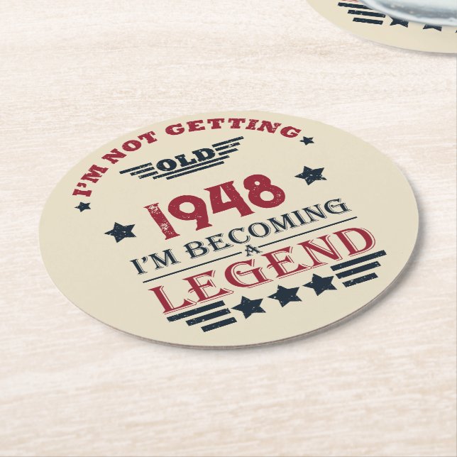 Personalised vintage 75th birthday round paper coaster (Angled)