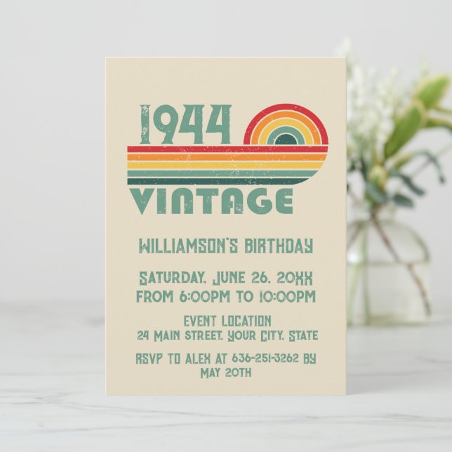Personalised vintage 80th birthday party invitation (Standing Front)