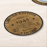 Personalised vintage 80th birthday round paper coaster<br><div class="desc">You can add some originality with this limited edition, premium quality, and original, classy, retro, and vintage-looking birthday graphic design with a cool typography font. This is a great gift idea for men, women, husbands, wives, girlfriends, and boyfriends who will love this one-of-a-kind piece of art. The best unique and...</div>