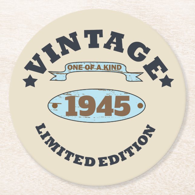 Personalised vintage 85th birthday party round paper coaster (Front)