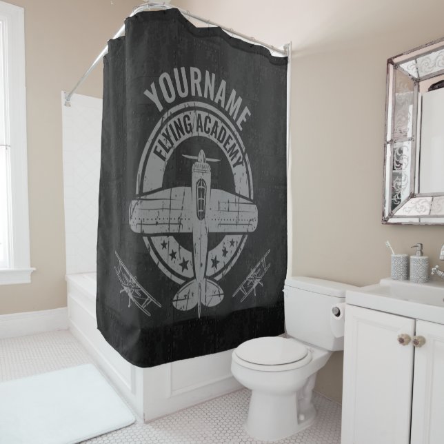 Personalised Vintage Aeroplane Pilot Flying Academ Shower Curtain (In Situ)