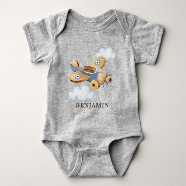 Personalised Vintage Aeroplane Toy Baby Bodysuit (Front)