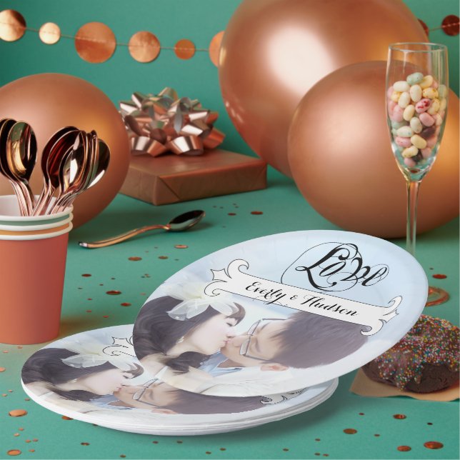 Personalised Vintage Banner Photo Wedding Paper Plate (Multi)