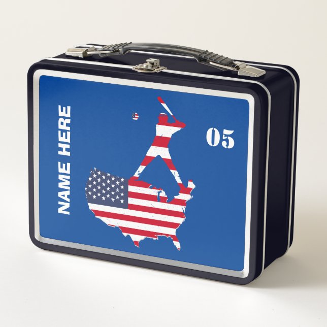 Personalised Vintage Baseball Name Number Metal Lunch Box (Front)
