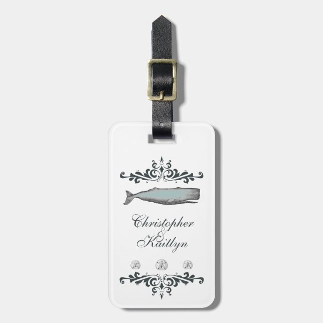 Personalised Vintage Beach Whale Wedding Bag Tag (Front Vertical)