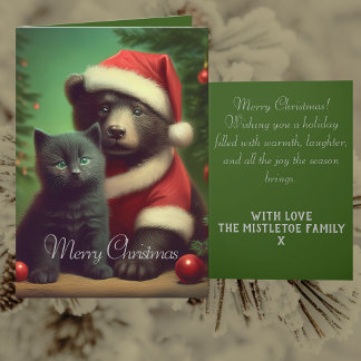 Personalised Vintage Bear & Black Kitten Christmas Holiday Card