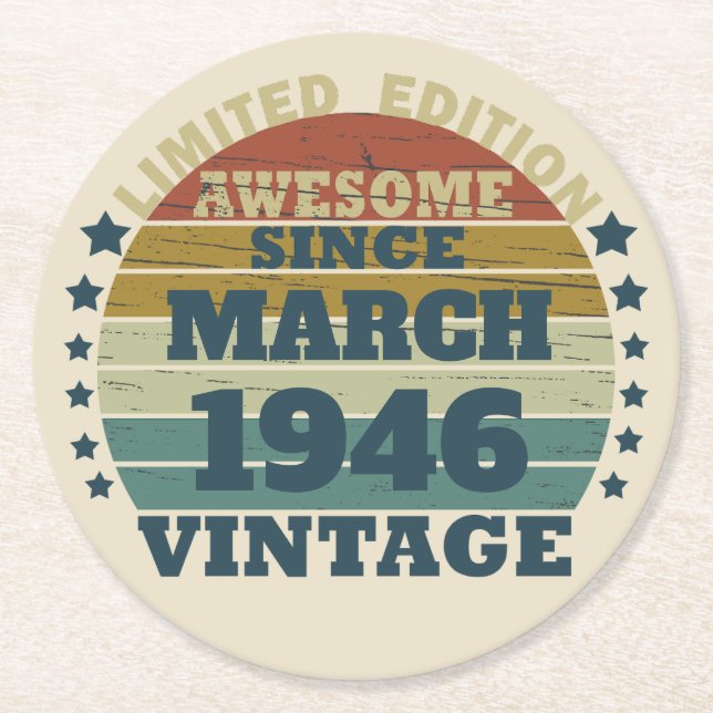 Personalised vintage birthday gift round paper coaster (Front)