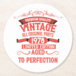 Personalised vintage birthday gifts red round paper coaster<br><div class="desc">You can add some originality with this limited edition, premium quality, and original, classy, retro, and vintage-looking birthday graphic design with a cool typography font. This is a great gift idea for men, women, husbands, wives, girlfriends, and boyfriends who will love this one-of-a-kind piece of art. Unique and funny holiday...</div>
