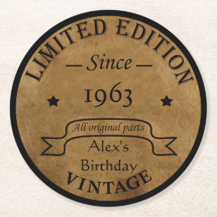 Personalised vintage birthday party round paper coaster