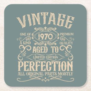 Personalised vintage birthday party whiskey label square paper coaster