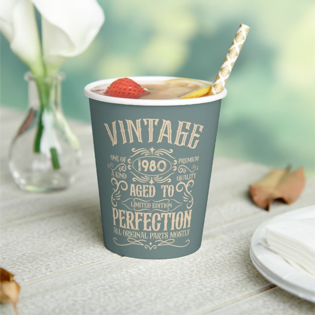 Personalised vintage birthday whiskey label themed paper cups (Insitu)