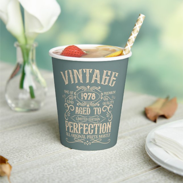 Personalised vintage birthday whiskey label themed paper cups (Insitu)