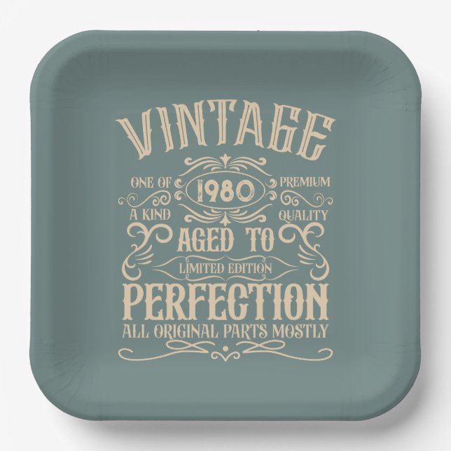 Personalised vintage birthday whiskey label themed paper plate (Front)