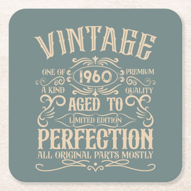 Personalised vintage birthday whiskey party square paper coaster (Front)