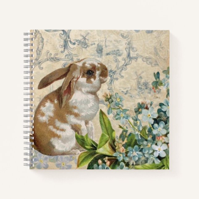 Personalised Vintage Blue Floral Bunny  Notebook (Front)