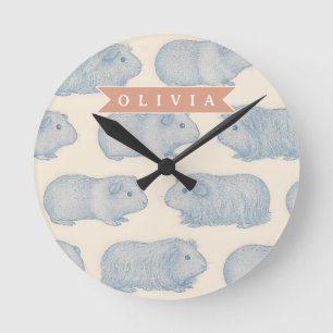 Personalised Vintage Blue Guinea Pig Cottagecore Round Clock