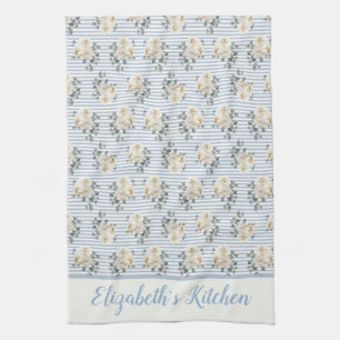 Personalised Vintage Blue White Stripes Floral Tea Towel