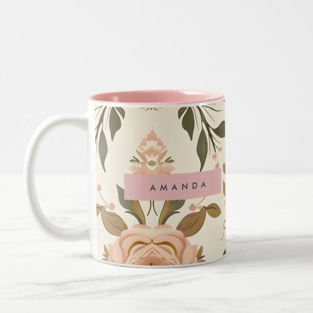 Personalised Vintage Blush Flower  Two-Tone Coffee Mug (Left)