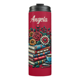 Personalised Vintage Books, Coffee and Flowers Thermal Tumbler