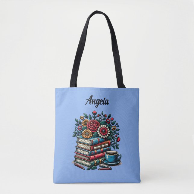 Personalised Vintage Books, Coffee and Flowers Tote Bag (Front)
