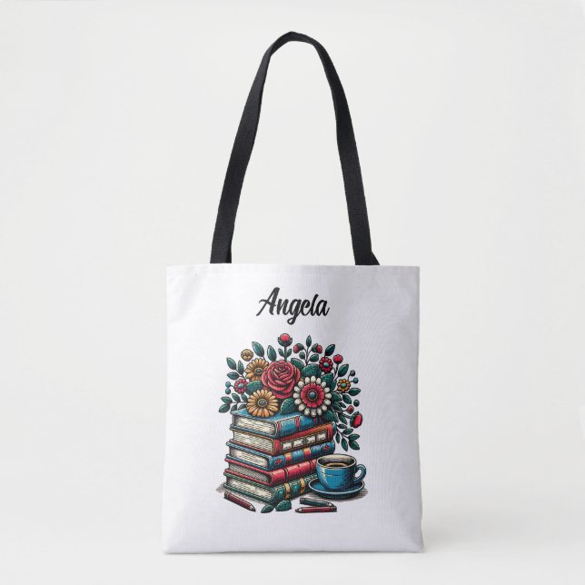 Personalised Vintage Books, Coffee and Flowers Tote Bag (Front)