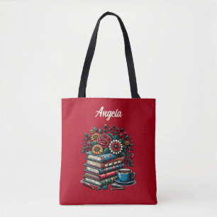 Personalised Vintage Books, Coffee and Flowers Tote Bag