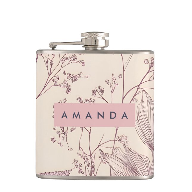 Personalised Vintage Botanical Floral Illustration Hip Flask (Front)