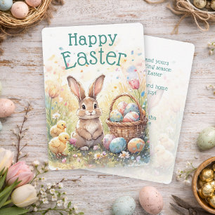 Personalised Vintage Bunny Chicks And Easter Eggs Holiday Card