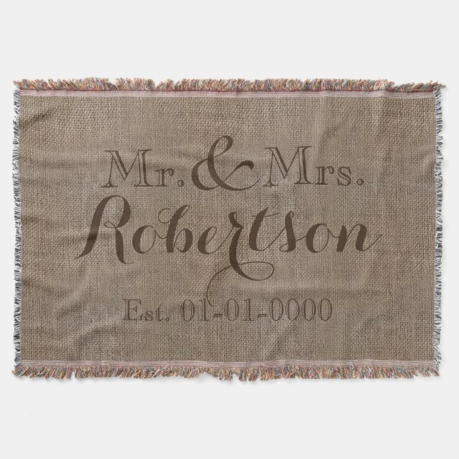 Personalised Vintage Burlap-Look Rustic/Wedding Throw Blanket (Front)