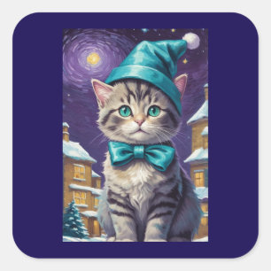 Personalised Vintage Cat Xmas Square Sticker
