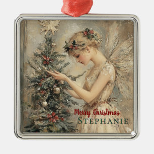 Personalised Vintage Christmas Fairy and Tree Metal Tree Decoration