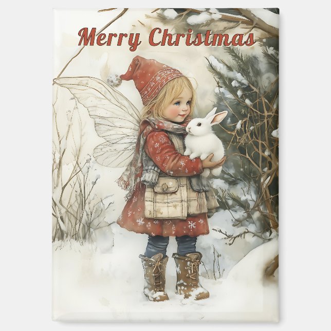Personalised Vintage Christmas Fairy & Bunny Gift Magnet (Front)