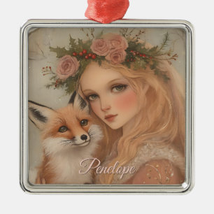 Personalised Vintage Christmas Girl & Fox Keepsake Metal Tree Decoration