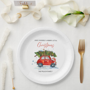 Personalised Vintage Christmas – Red Car with Tree Paper Plate