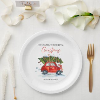 Personalised Vintage Christmas – Red Car with Tree Paper Plate