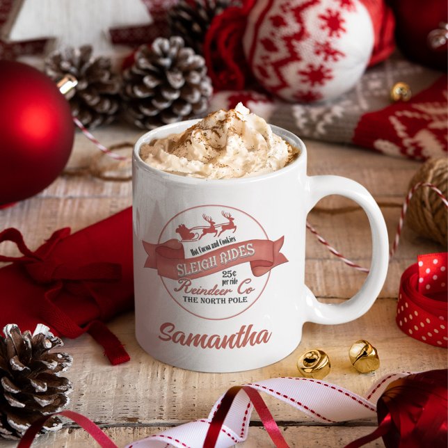 Personalised Vintage Christmas Reindeer Coffee Mug (Custom Christmas reindeer sleigh rides mug.)