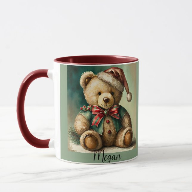 Personalised Vintage Christmas Teddy bear Mug (Left)