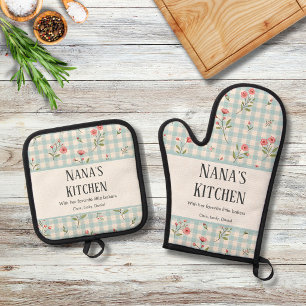 Personalised Vintage Country Blue Gingham Floral Oven Mitt & Pot Holder Set