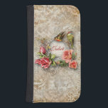 Personalised Vintage Damask Rose Samsung S4 Wallet Case<br><div class="desc">Romantic vintage-inspired design featuring area for personalisation surrounded by ornate flourishes, birds and lush sprays of roses on a distressed damask background. Note: Sculpted, engraved, embossed and dimensional effects, layered, aged or eroded appearance, textures and shadows achieved digitally. Actual product has a flat surface. French Garden background paper by Lil...</div>