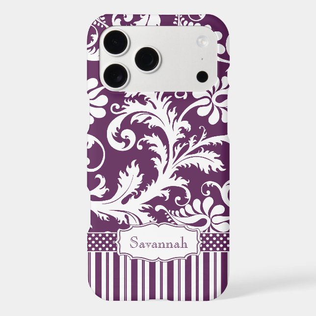 Personalised Vintage Eggplant Damask and Stripe (Back)