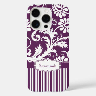 Personalised Vintage Eggplant Damask and Stripe iPhone 16 Pro Case