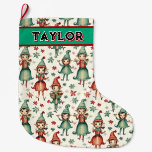Personalised Vintage Elves Christmas Large Christmas Stocking