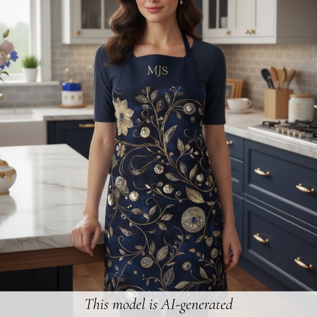 Personalised Vintage Floral Apron (elegant chic midnight navy blue gold floral apron with customized monogram, great gift for chef)