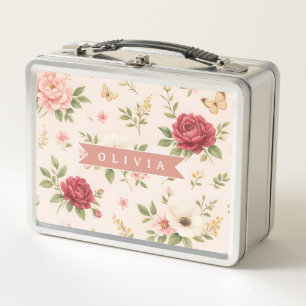 Personalised Vintage Floral Romantic Name Gift Metal Lunch Box