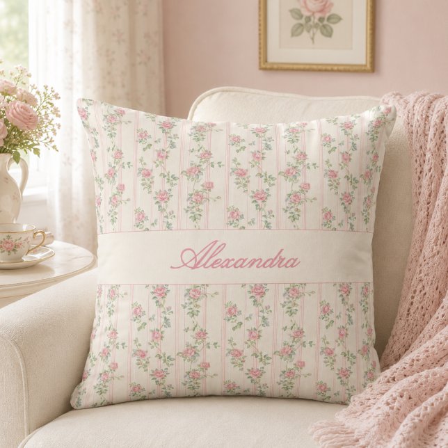 Personalised Vintage Floral Rose Monogram Cushion (elegant classic vintage grandmillennial pink coquette rose floral throw pillow with custom monogram)