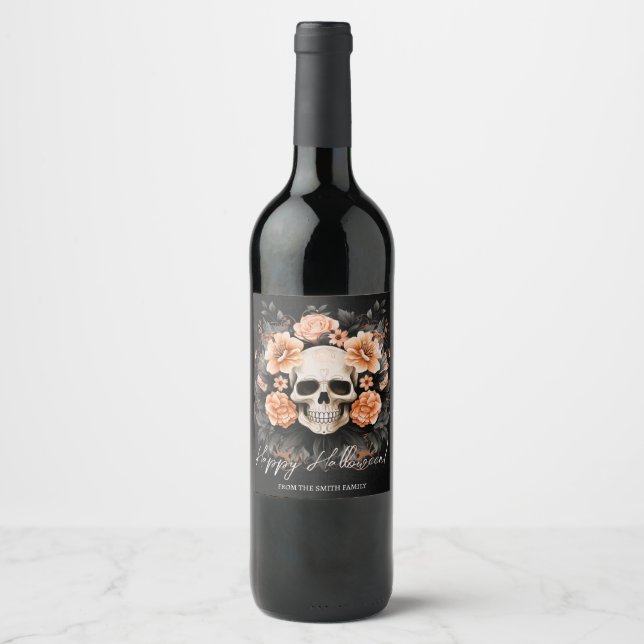 Personalised Vintage Floral Skull Halloween Wine Label (Front)